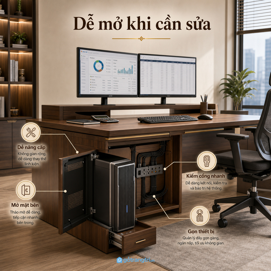 Góc thiết kế hoặc kế toán cần khoang CPU dễ mở để nâng cấp máy