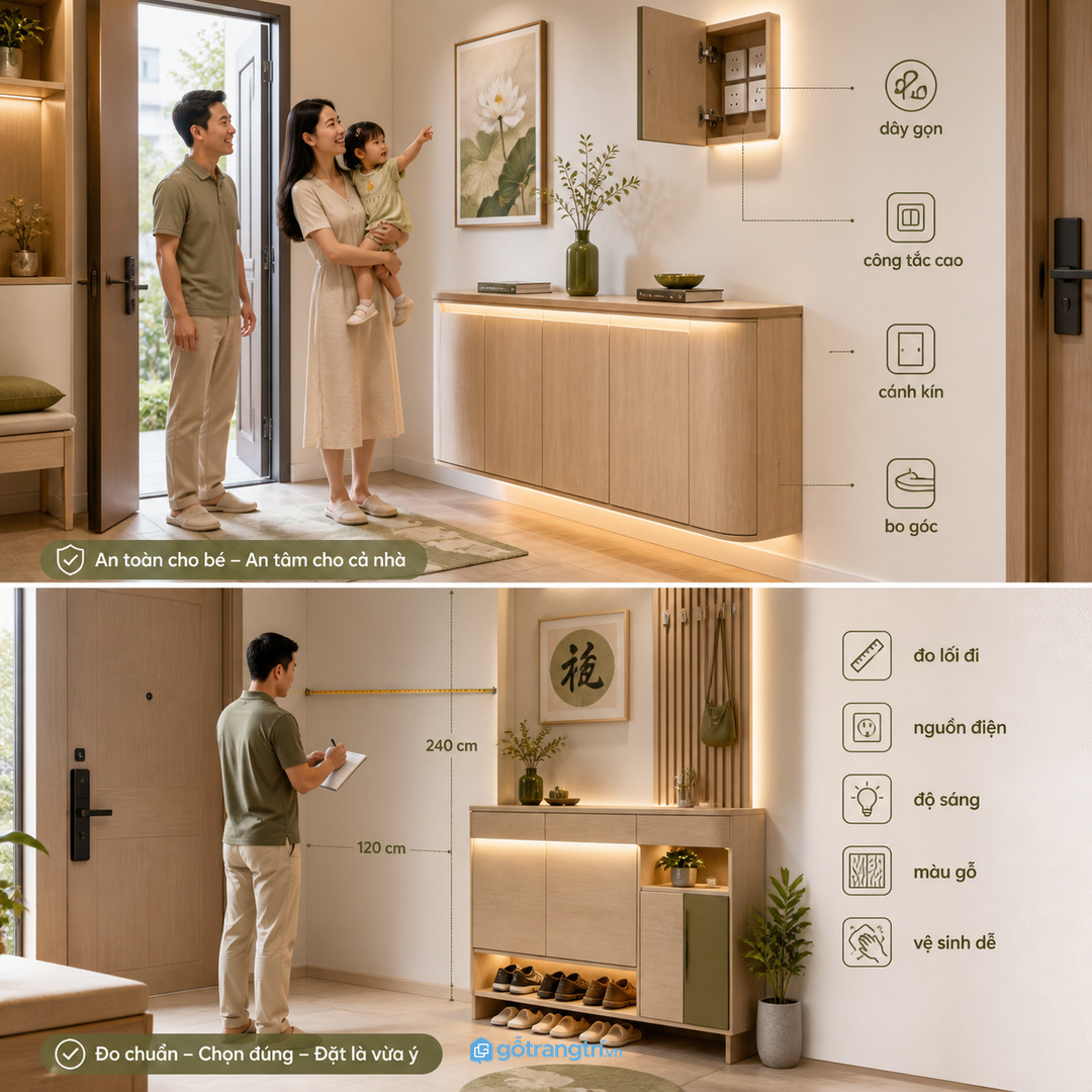 Nhà phố liền cửa nên dùng console đèn thấp và kín dây