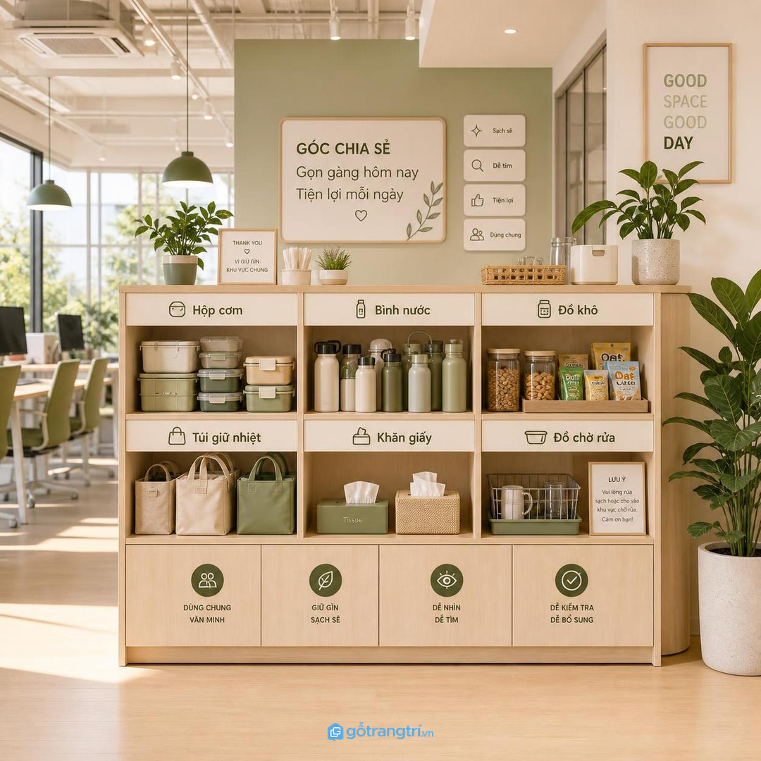 Startup nhỏ cần tủ dùng chung rõ nhãn và dễ vệ sinh