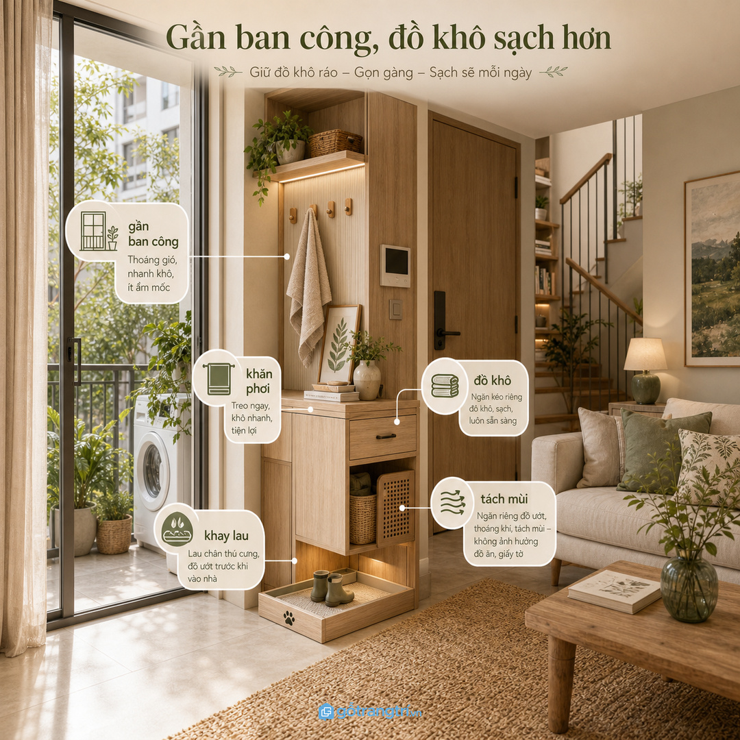 Khu gần sân trước cần tách khăn ẩm khỏi giấy tờ chìa khóa và đồ sạch