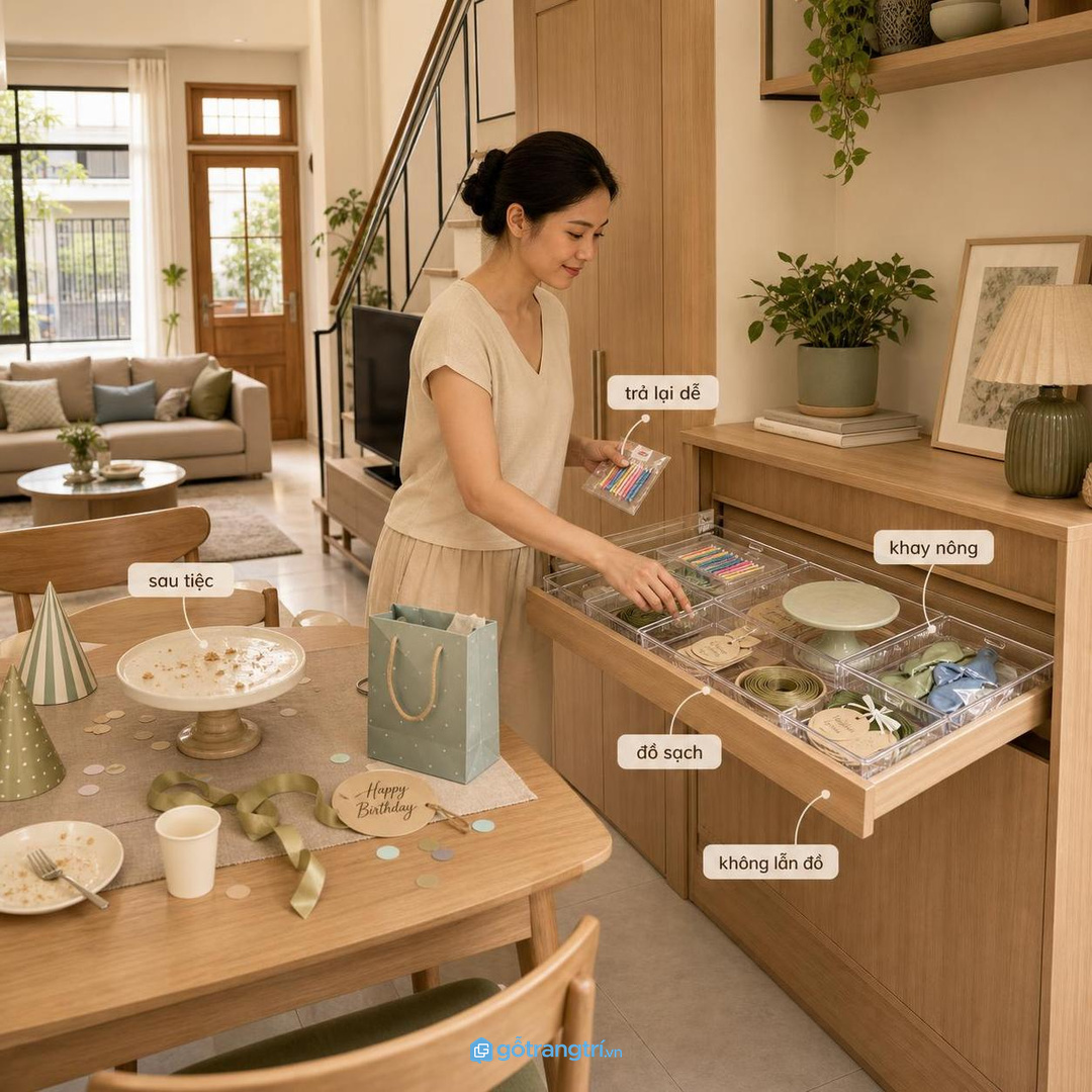 Sau tiệc, đồ sạch được trả lại đúng khay để lần sau không phải tìm lại từ đầu