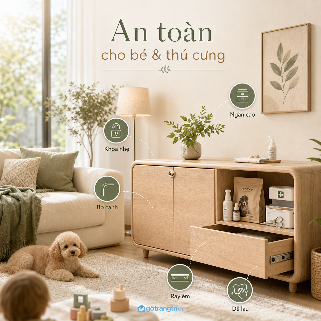 Nhà có trẻ nhỏ cần khóa nhẹ, bo cạnh và cất đồ vệ sinh riêng