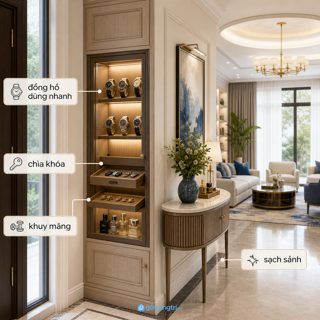 Sảnh biệt thự có thể có khoang đồng hồ dùng nhanh nhưng vẫn gọn
