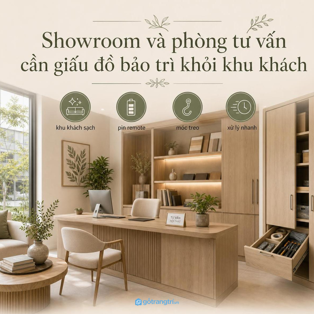 Showroom tư vấn cần giấu đồ bảo trì khỏi khu khách