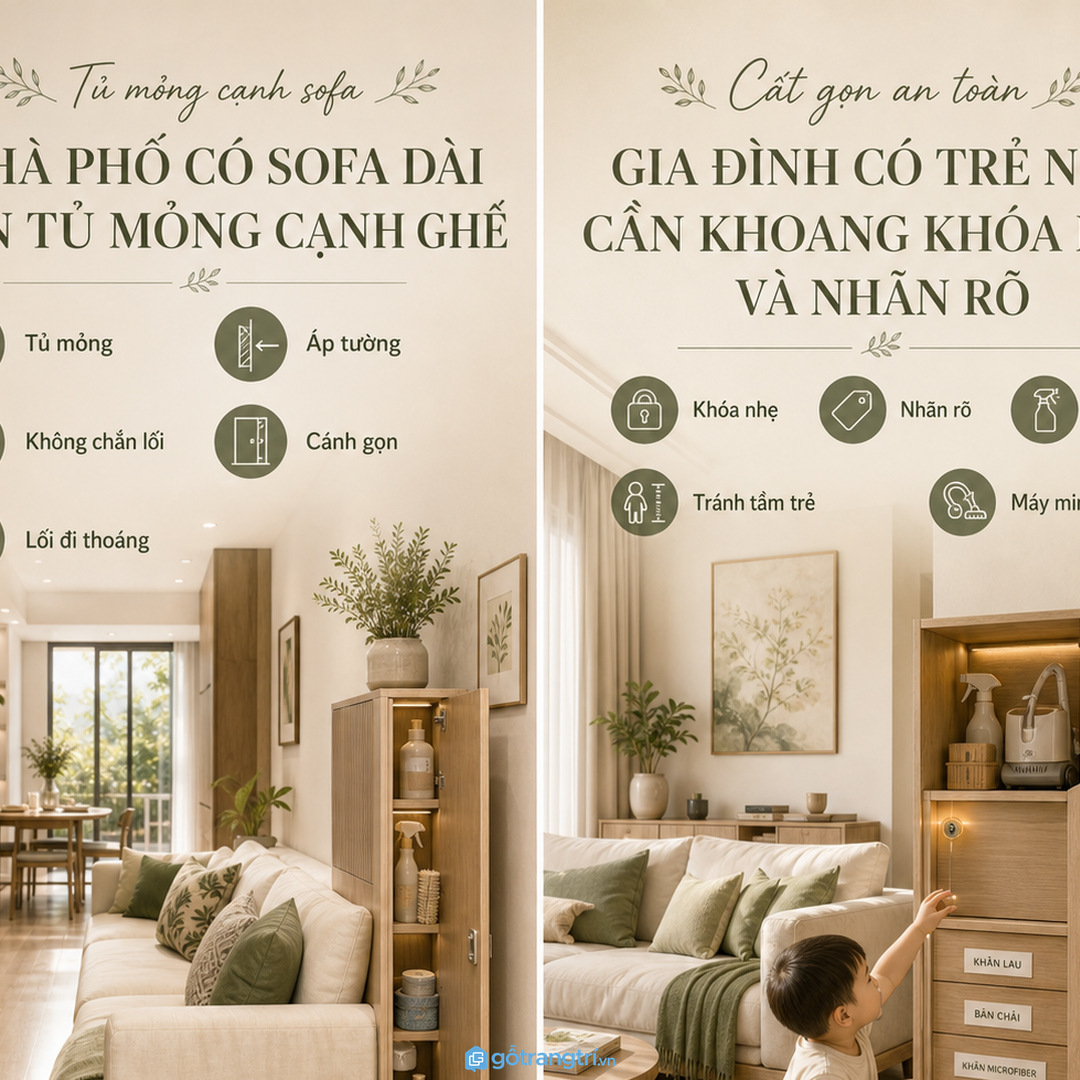Nhà phố có sofa dài cần tủ mỏng cạnh ghế