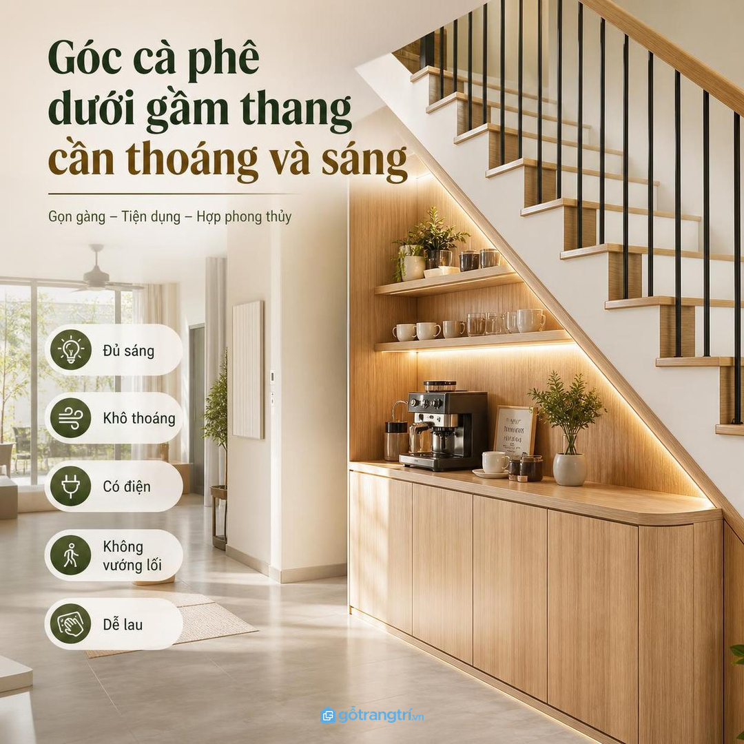 Góc cà phê dưới gầm thang cần thoáng và sáng