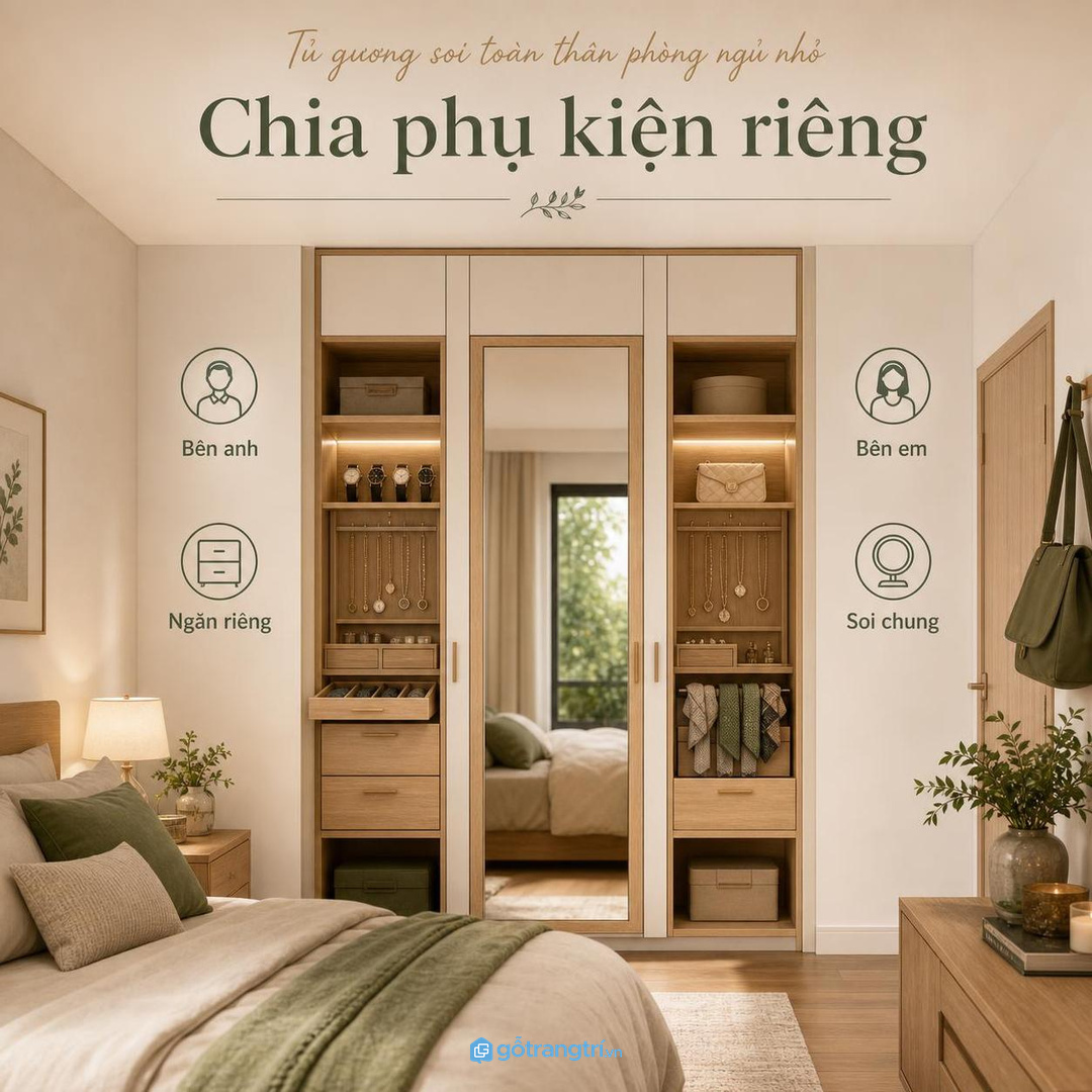 Phòng ngủ vợ chồng cần chia khoang phụ kiện riêng để không lẫn đồ