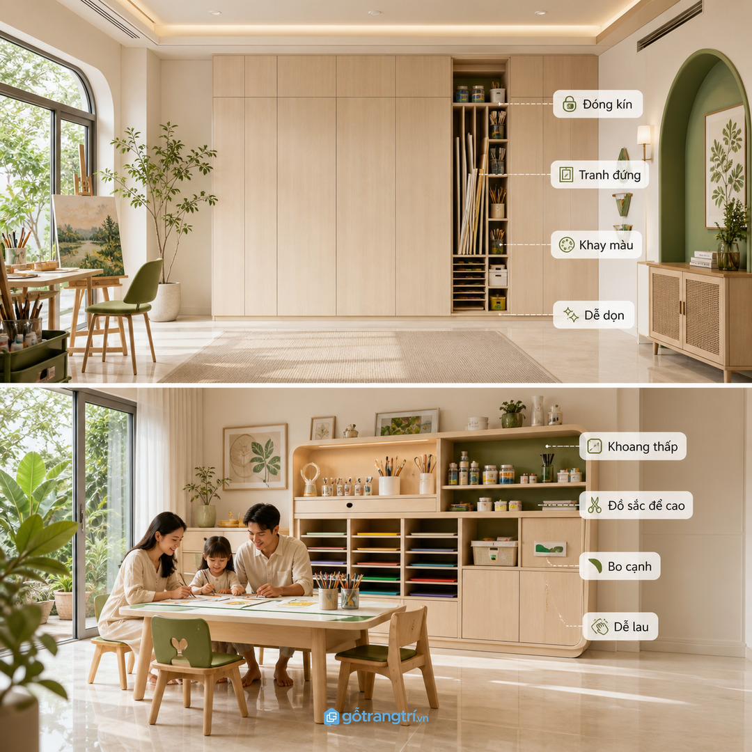Góc vẽ của trẻ cần khoang thấp, bo cạnh và đồ sắc để cao