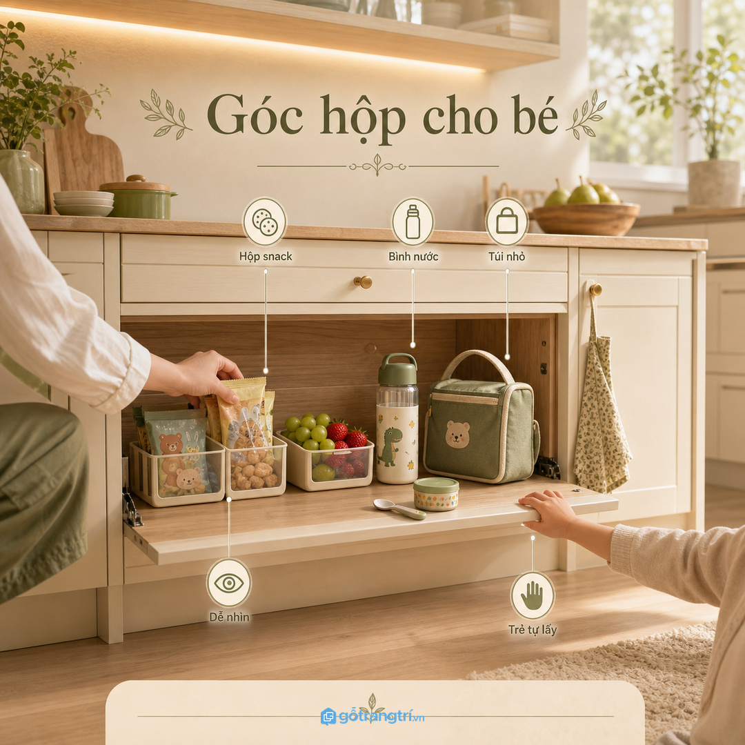 Nhà có trẻ đi học nên tách hộp nhỏ bình nước và đồ ăn vặt
