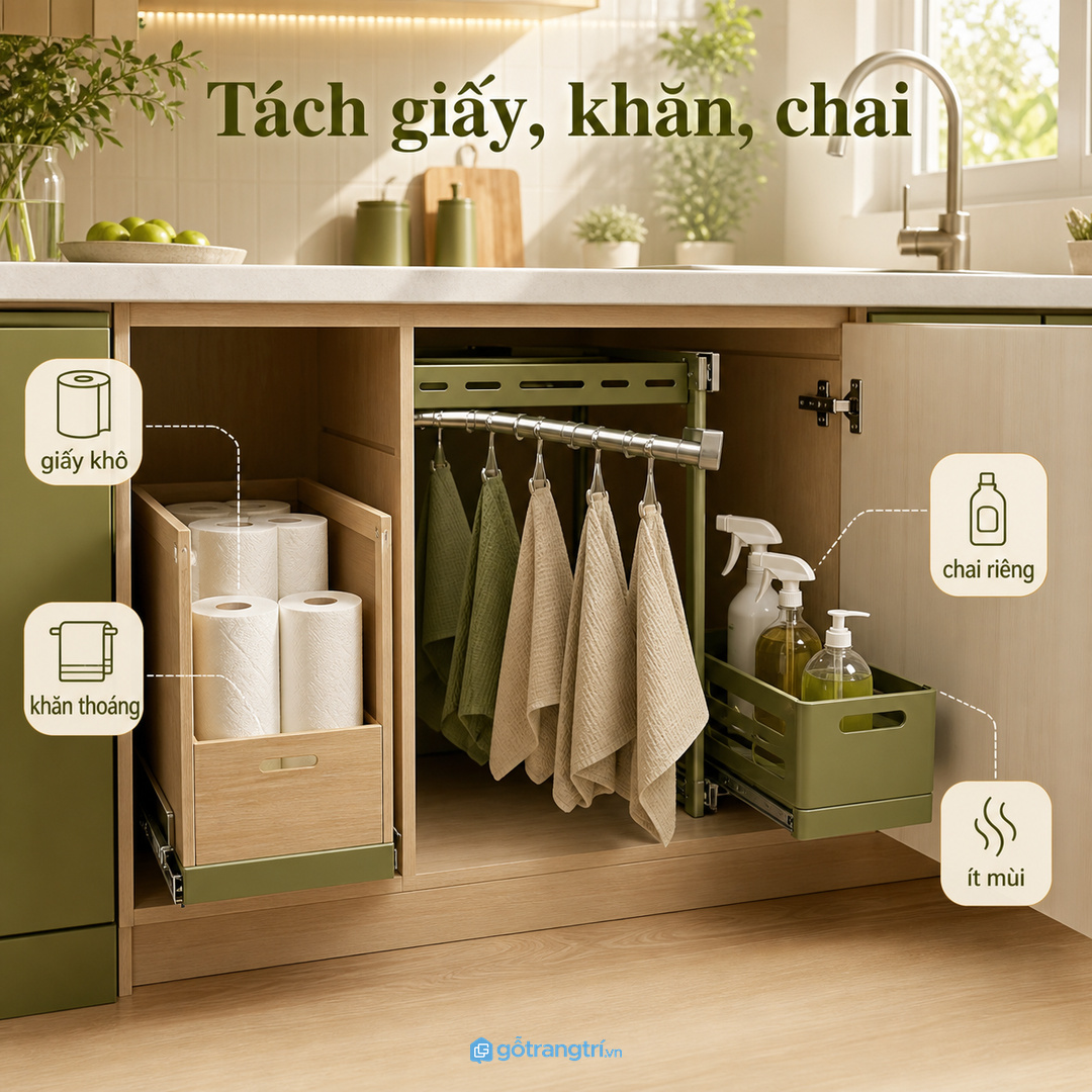 Nhà nấu nhiều nên tách giấy lau tay, khăn lau và chai vệ sinh