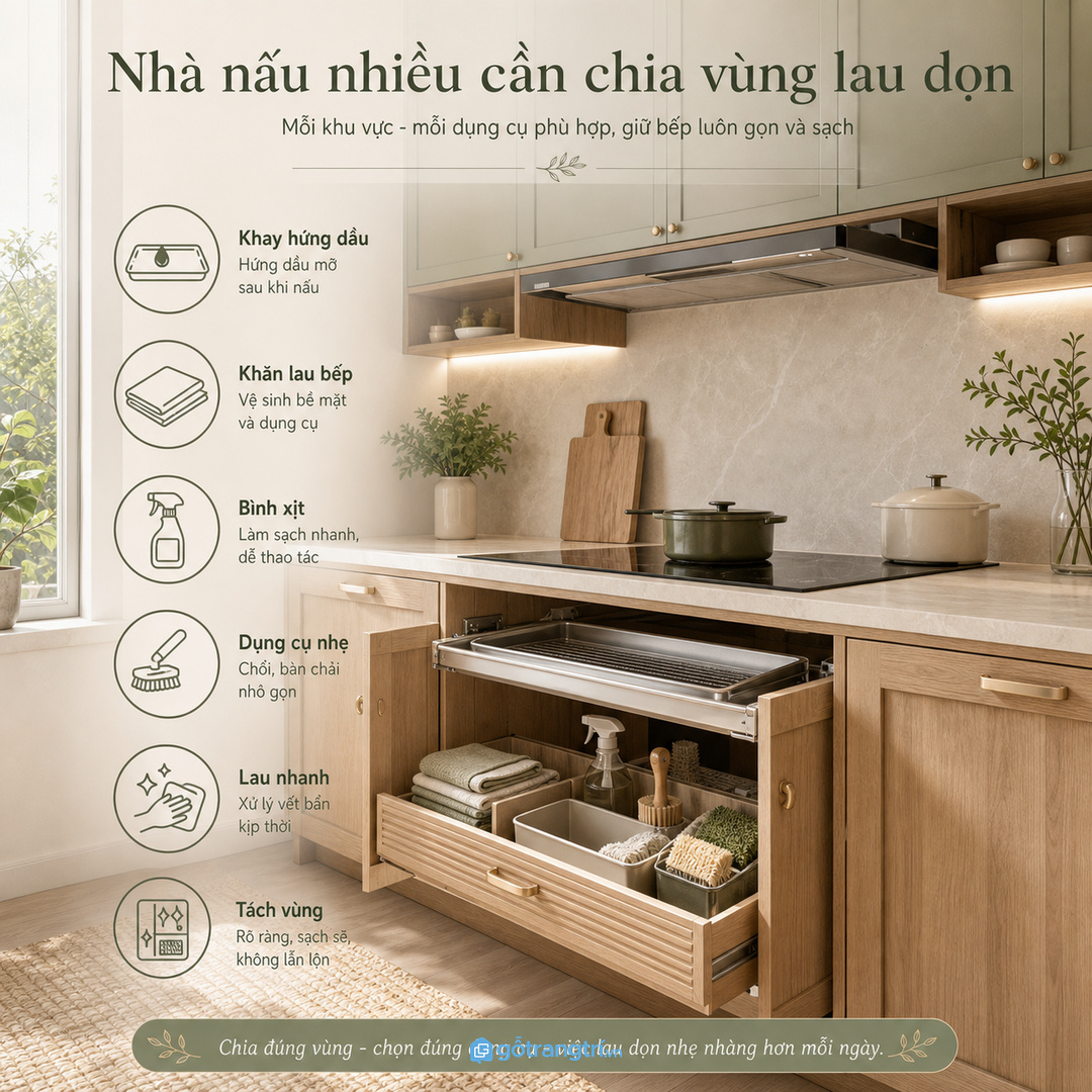 Nhà nấu nhiều cần chia riêng vùng lau dọn sau bữa ăn