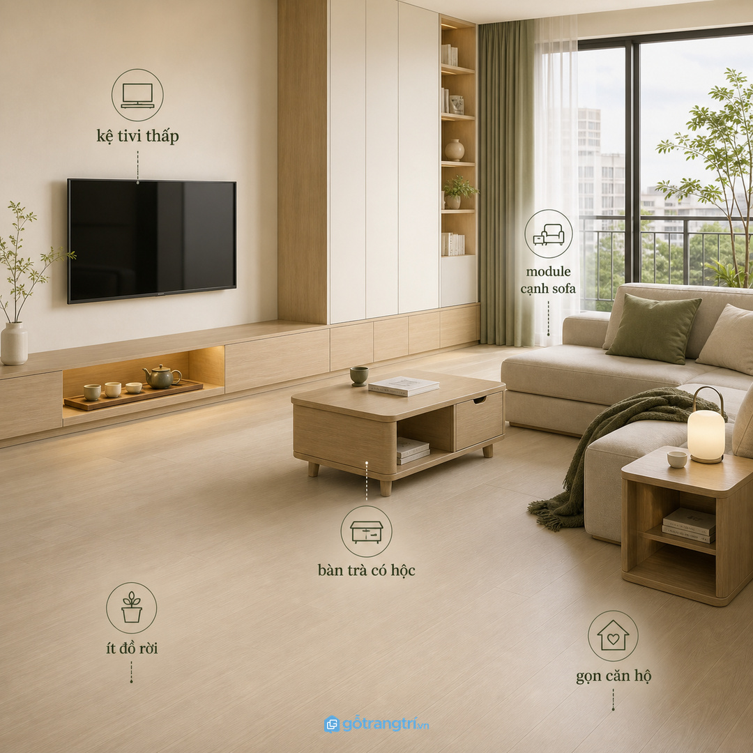 Căn hộ nhỏ hợp tủ khay trà liền kệ tivi hoặc bàn trà