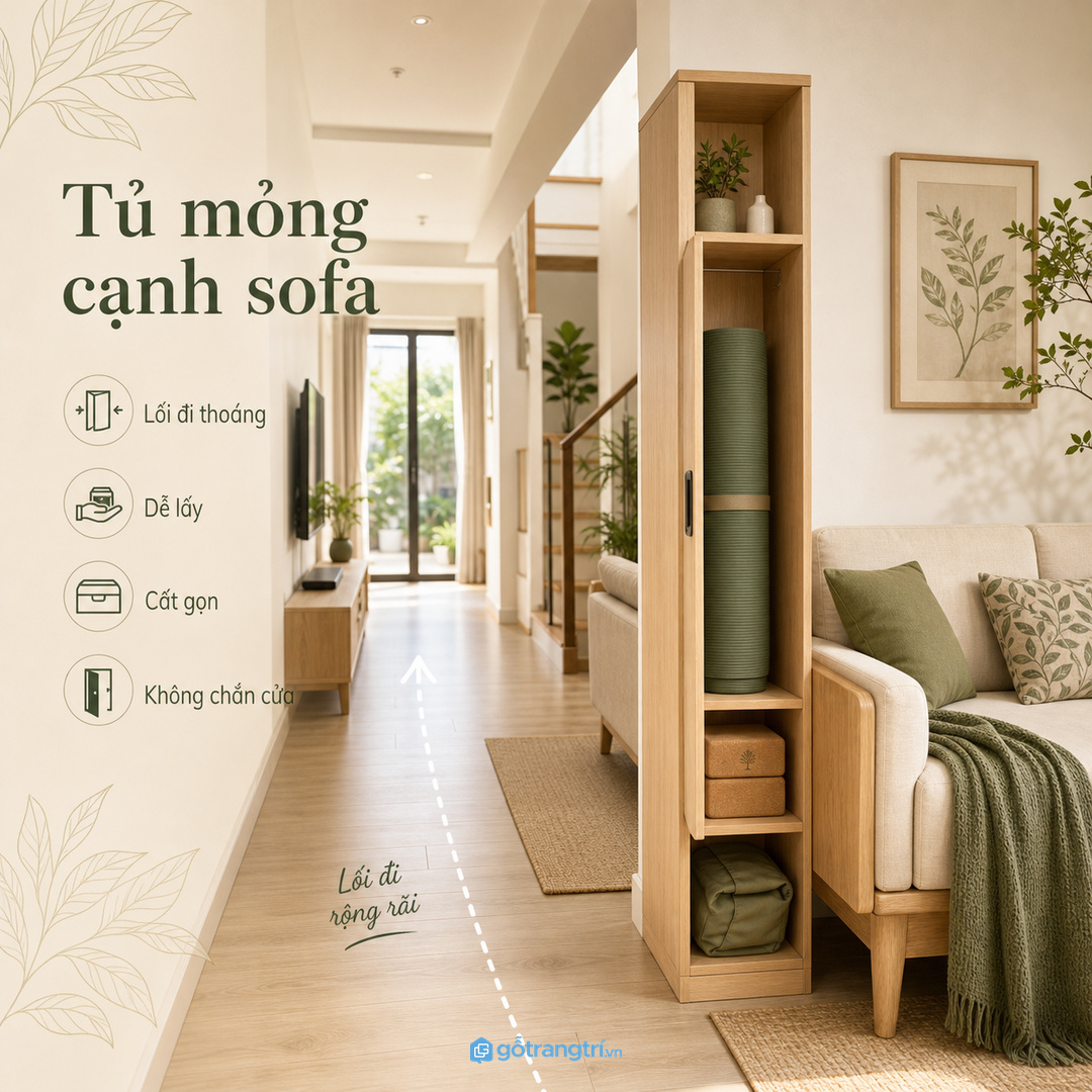 Nhà phố phòng khách dài cần tủ yoga mỏng cạnh sofa