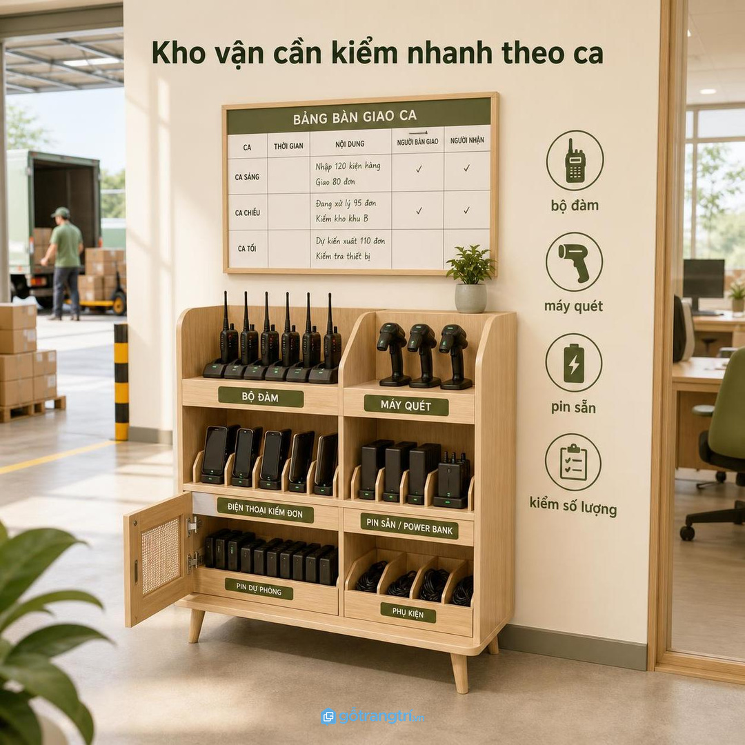 Kho vận và giao nhận cần tủ sạc bộ đàm, máy quét dễ kiểm ca