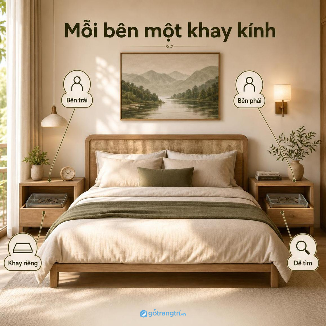 Phòng vợ chồng nên tách hộc kính theo từng bên giường