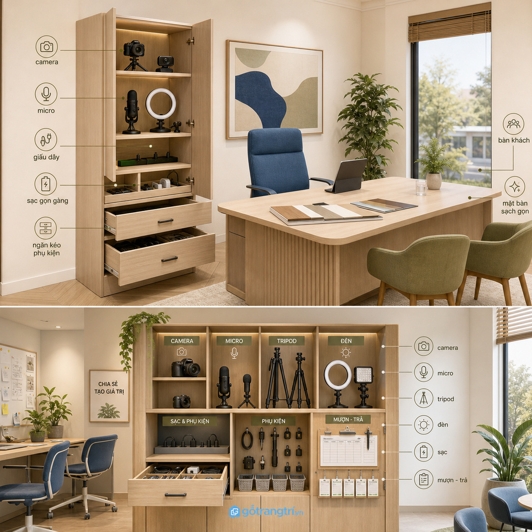 Tủ nên đồng bộ với bàn họp, backdrop và tủ hồ sơ