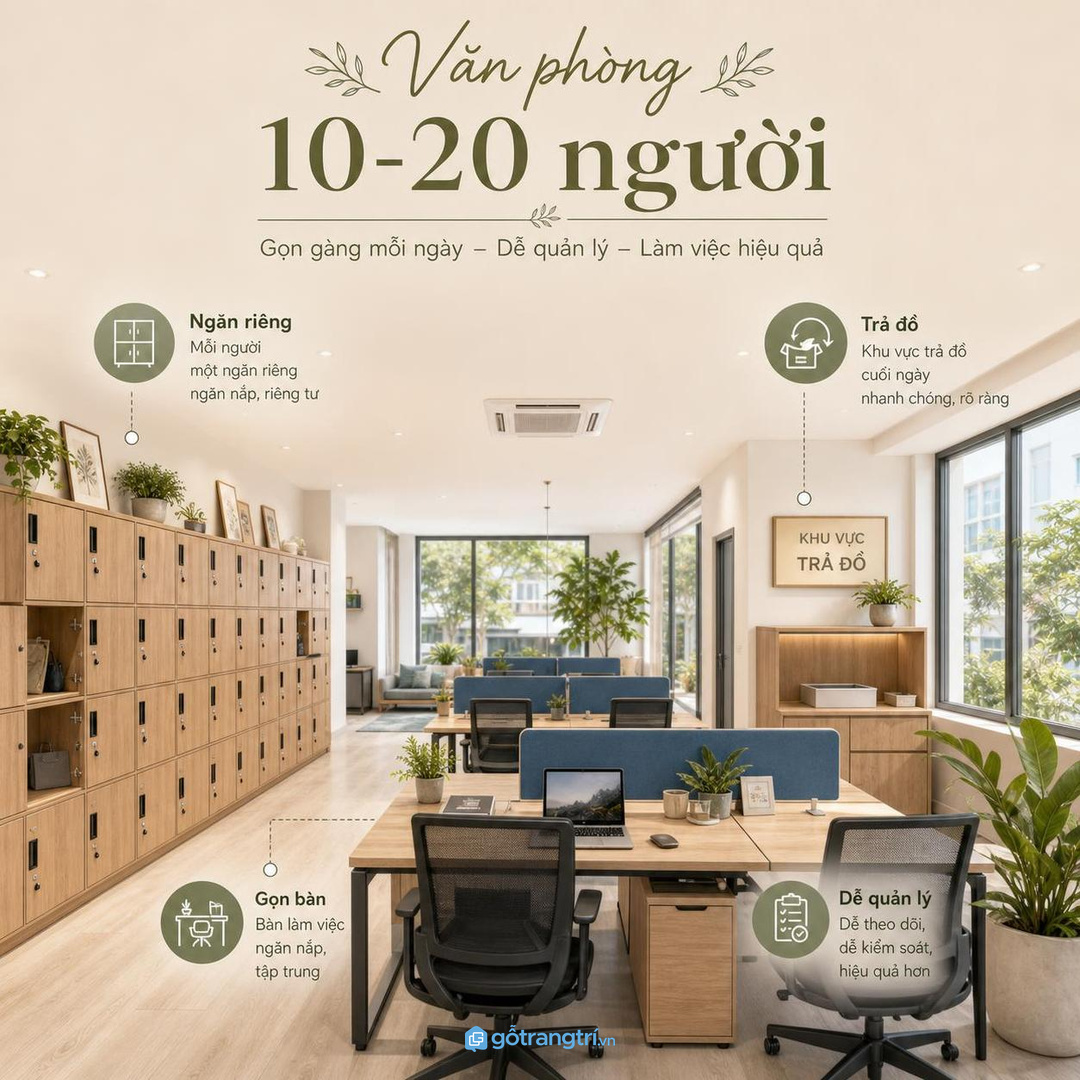 Văn phòng 10-20 người cần locker thấp, rõ ngăn và dễ quản lý cuối ngày