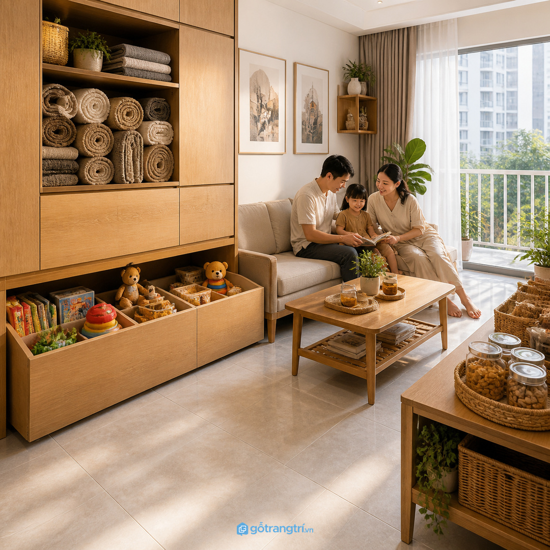 Gia đình có trẻ nhỏ cần tách thảm sạch với đồ chơi và đồ ăn