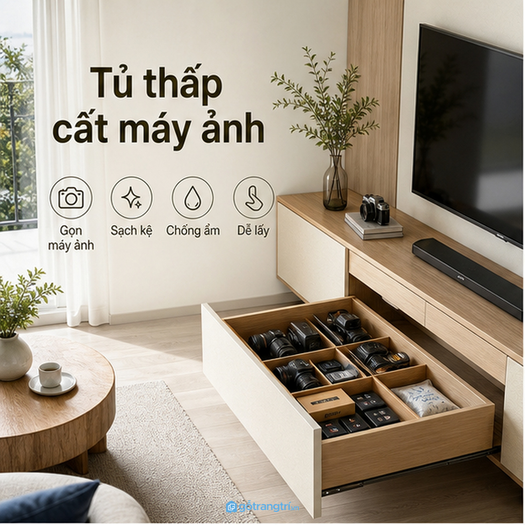 Nhà phố nên dùng tủ mỏng cạnh sofa để không vướng lối đi