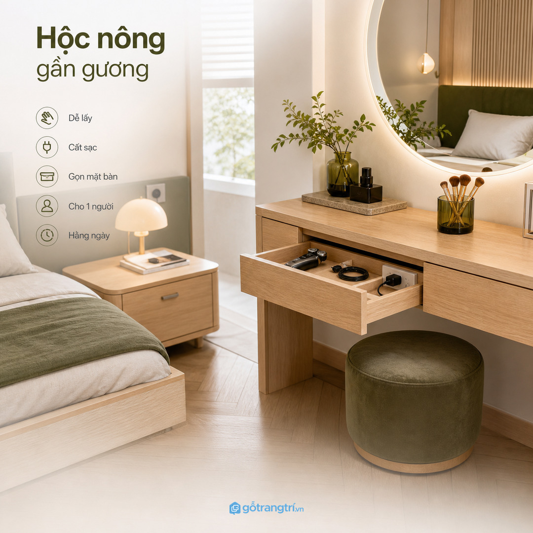 Tủ cao chia ngăn giúp đồ chăm sóc cá nhân gọn mà không lộ ra ngoài