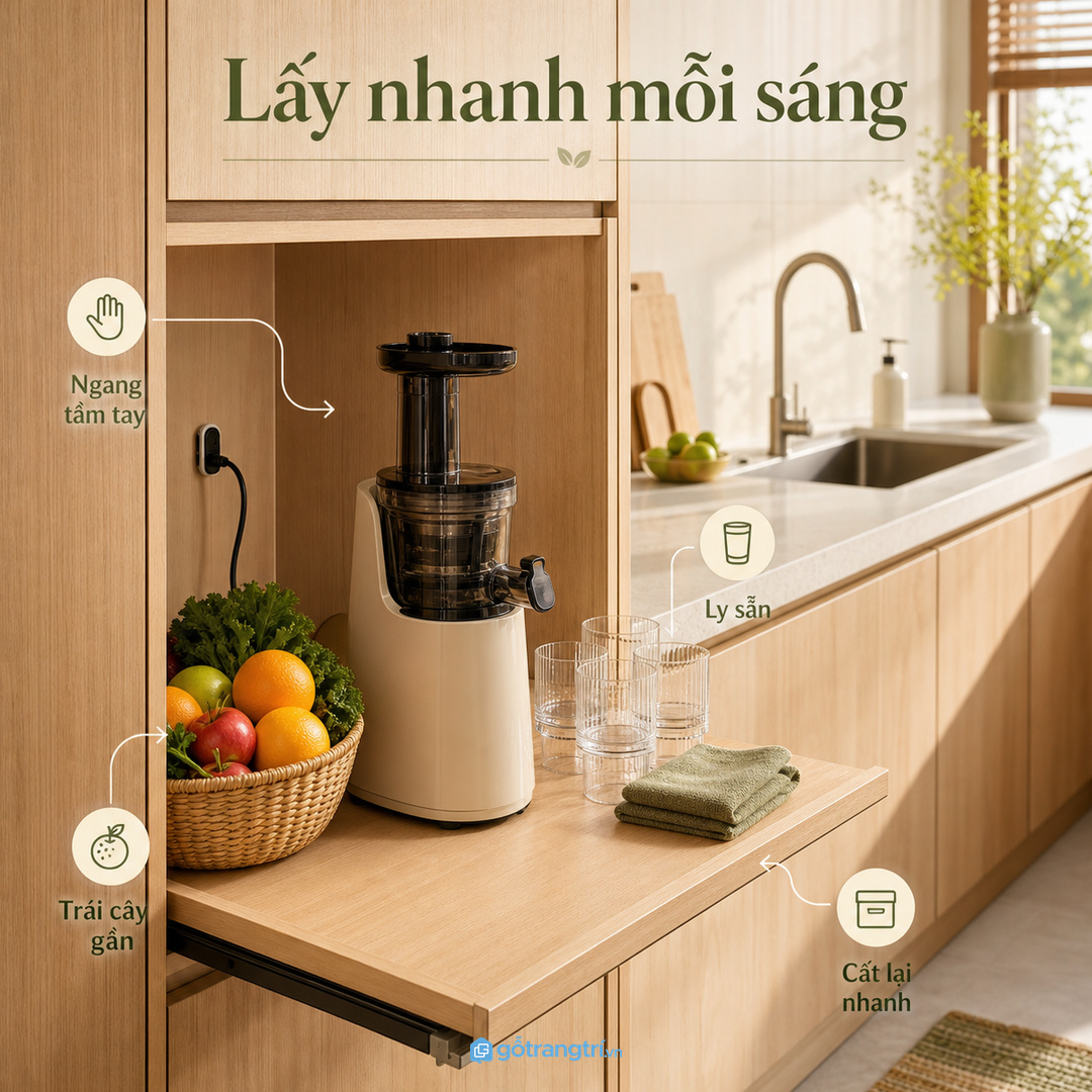 Gia đình ép nước mỗi sáng cần khoang ngang tầm tay, ly sẵn và trái cây gần