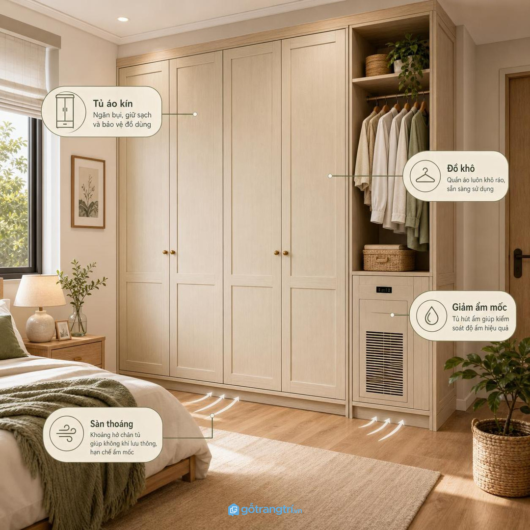 Phòng có tủ áo kín nên bố trí máy hút ẩm đủ thoáng để bảo vệ quần áo