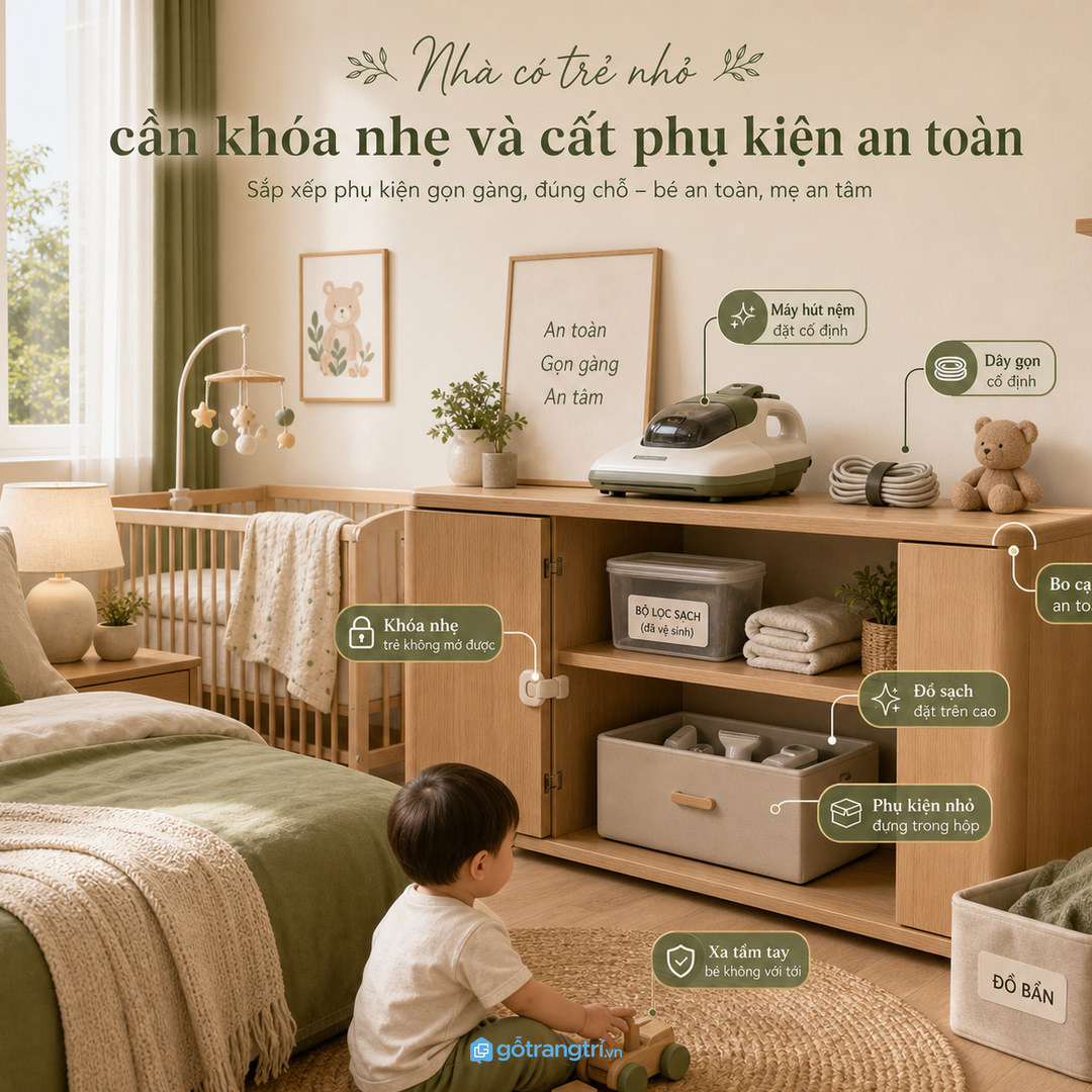 Nhà có trẻ nhỏ cần khóa nhẹ bo cạnh và cất phụ kiện an toàn