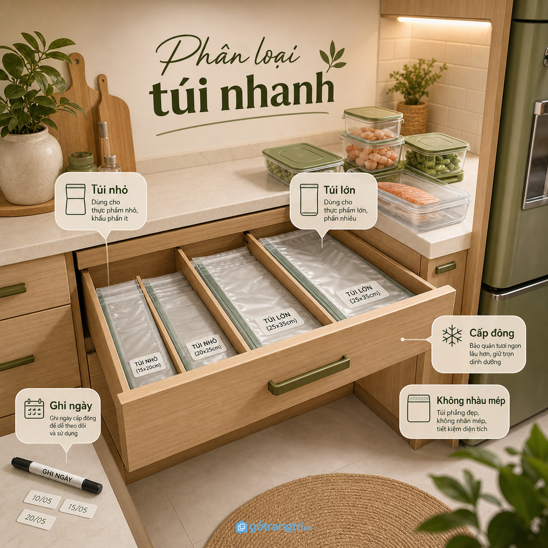 Nhà hay cấp đông cần ngăn túi hút chân không phẳng và dễ phân loại