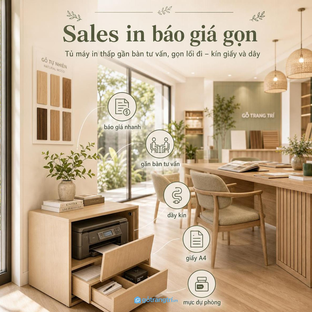 Khu sales cần tủ máy in gọn gần bàn tư vấn khách