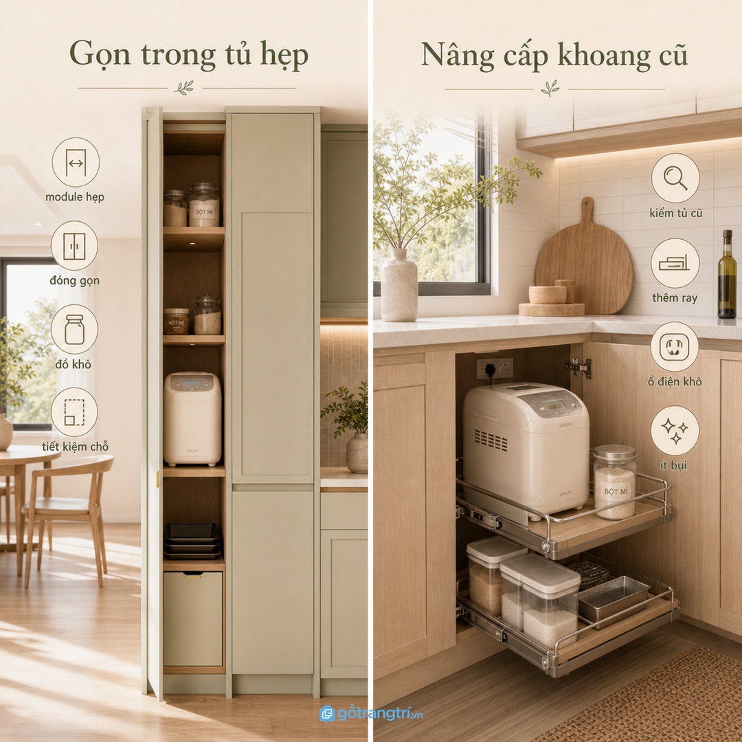 Căn hộ nhỏ nên dùng module đứng hẹp, đóng lại gọn như tủ bếp