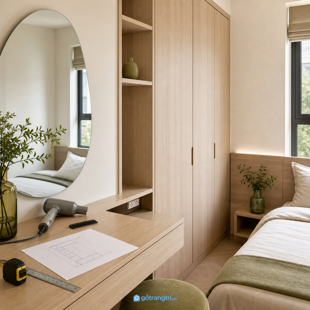 Hộc máy sấy gần gương giúp dùng xong cất lại nhanh hơn