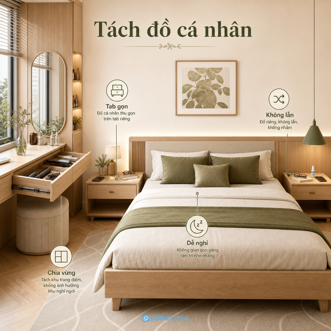 Phòng vợ chồng cần tách đồ làm đẹp khỏi đồ cá nhân