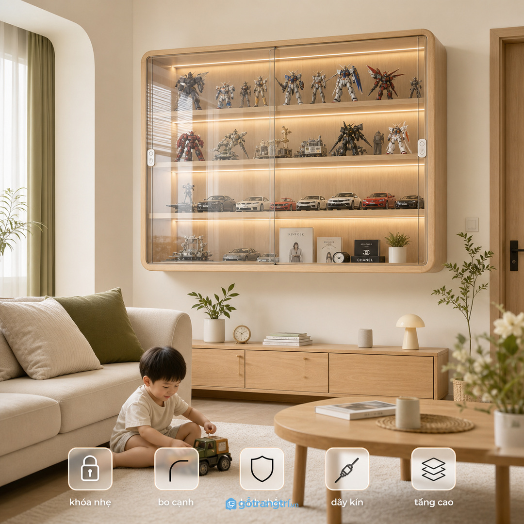 Nhà có trẻ nhỏ nên khóa nhẹ và bo cạnh tủ mô hình
