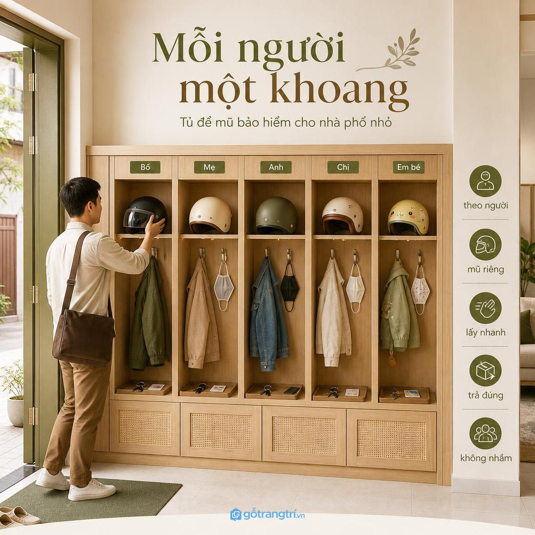 Lối vào hẹp hợp tủ nông, cánh nhỏ và module sát tường