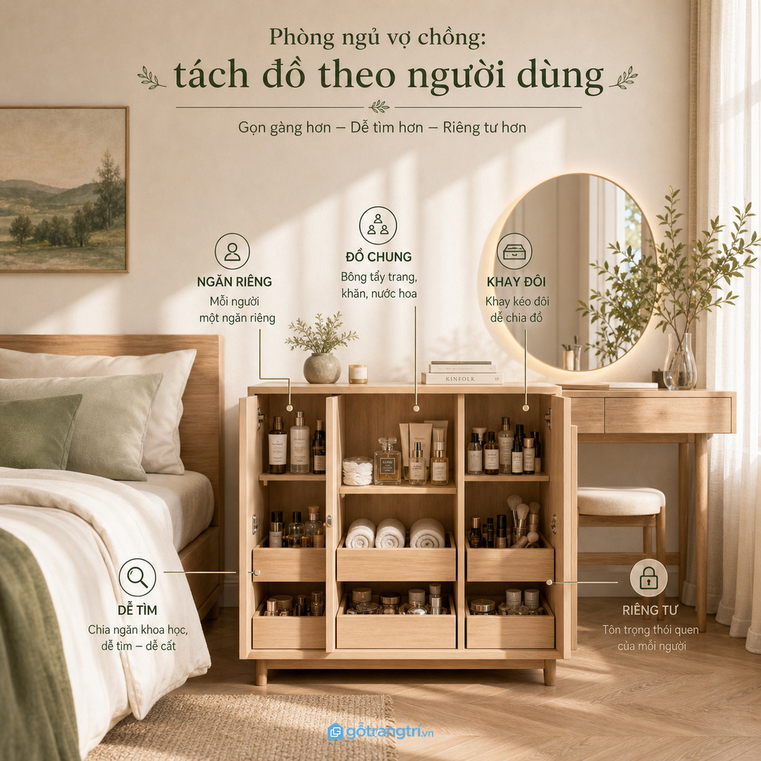Phòng ngủ vợ chồng cần tách đồ theo người dùng