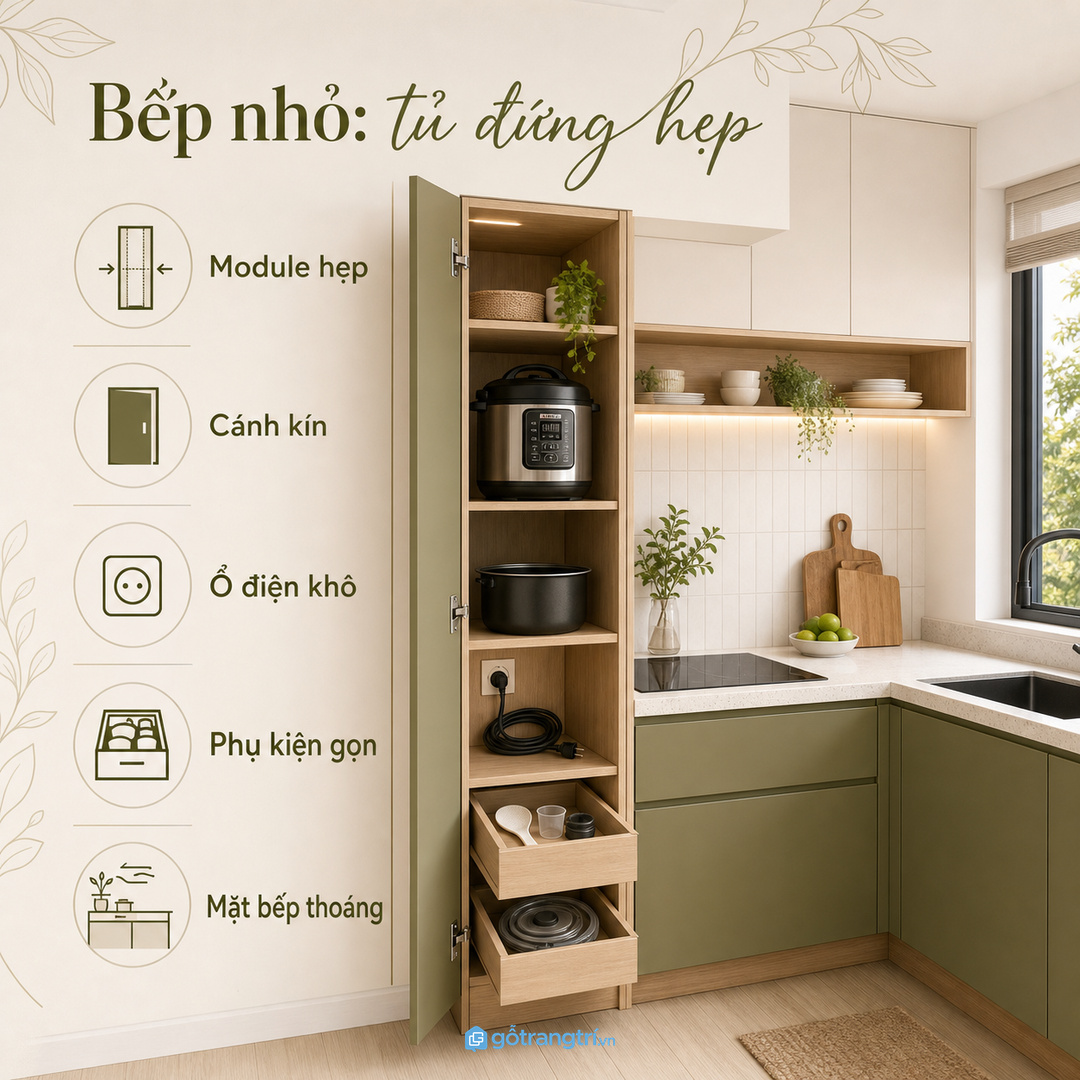Căn hộ nhỏ nên dùng module đứng hẹp, đóng lại gọn như tủ bếp