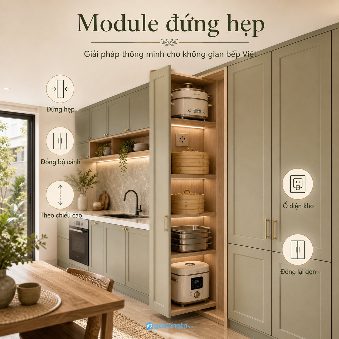 Căn hộ nhỏ nên dùng module đứng hẹp, đóng lại gọn như tủ bếp