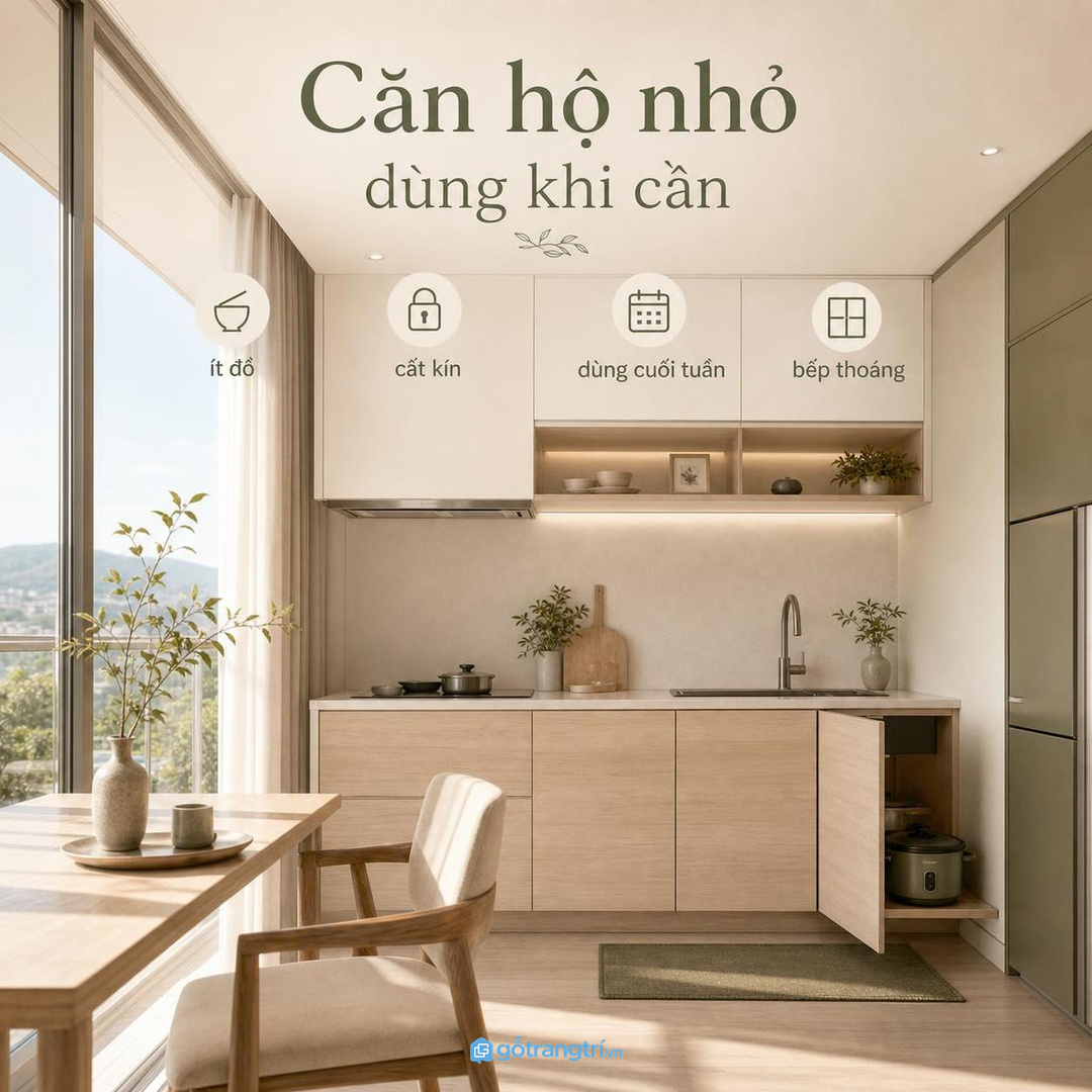 Căn hộ nhỏ nên giữ khoang nồi lẩu vừa đủ và dễ đổi công năng