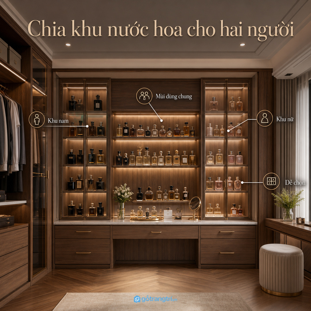 Phòng thay đồ hai người nên chia khu nước hoa nam nữ và đồ dùng chung