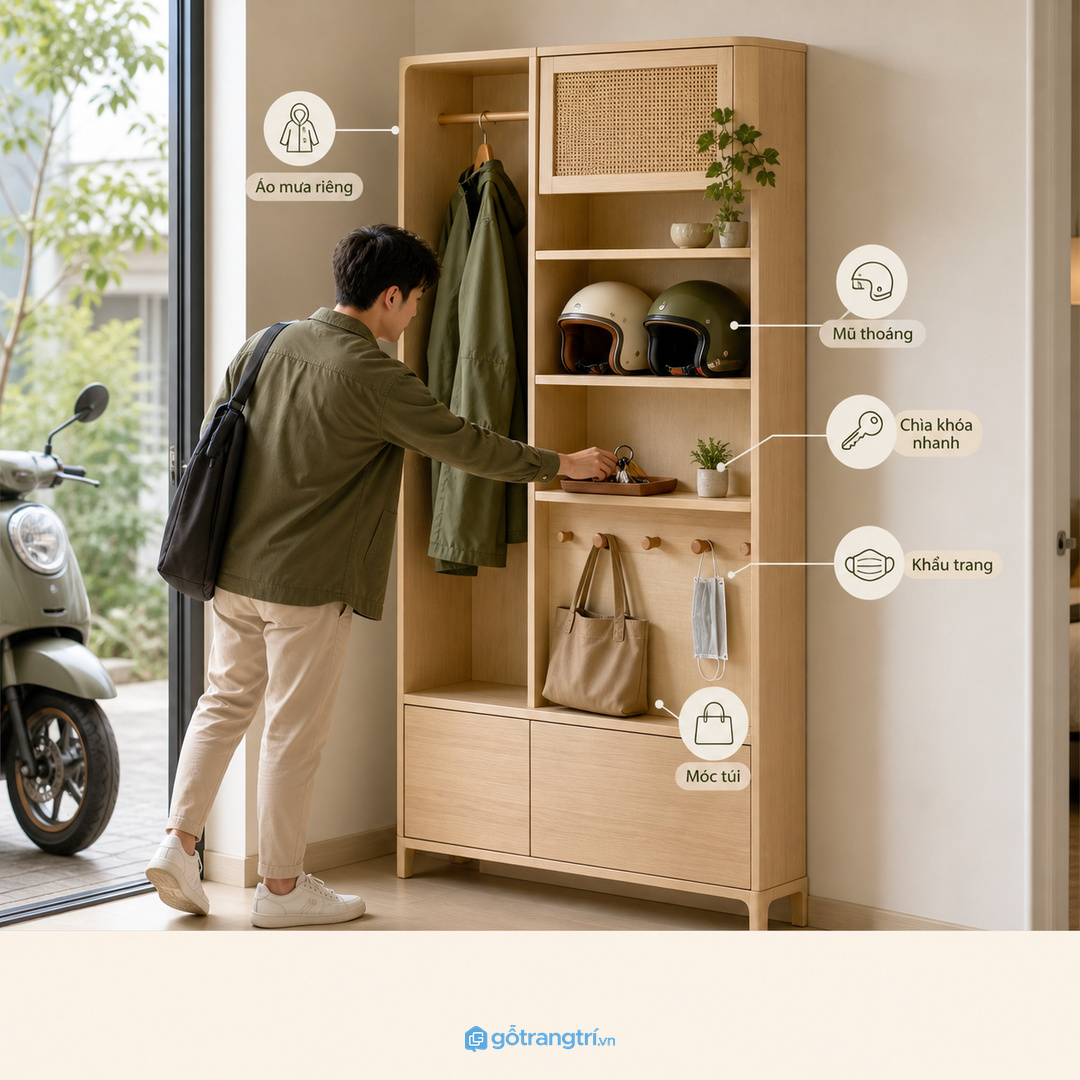 Nhà đi xe máy hằng ngày nên tách áo mưa mũ và chìa khóa
