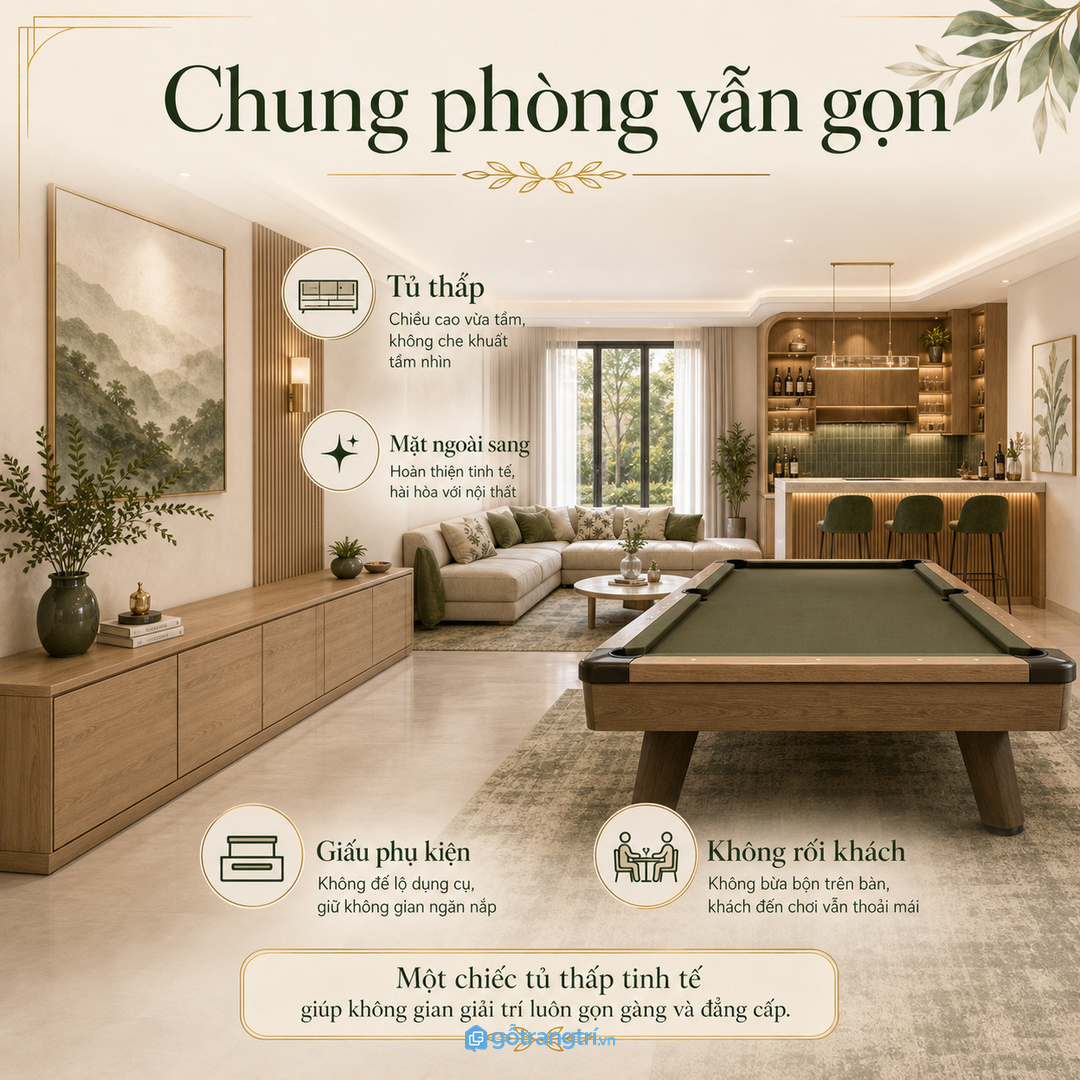 Khu bi-a chung với bar nên giấu đồ nhỏ để không gian gọn hơn
