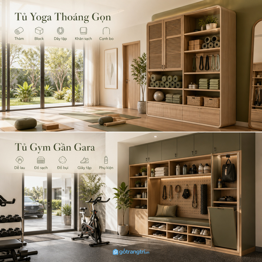 Khu yoga và pilates cần tủ thoáng cho thảm block dây tập và khăn sạch
