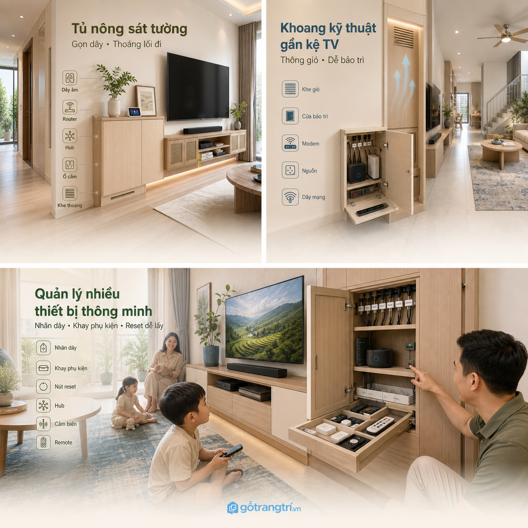 Căn hộ nhỏ nên dùng tủ smarthome nông sát tường để thoáng lối đi