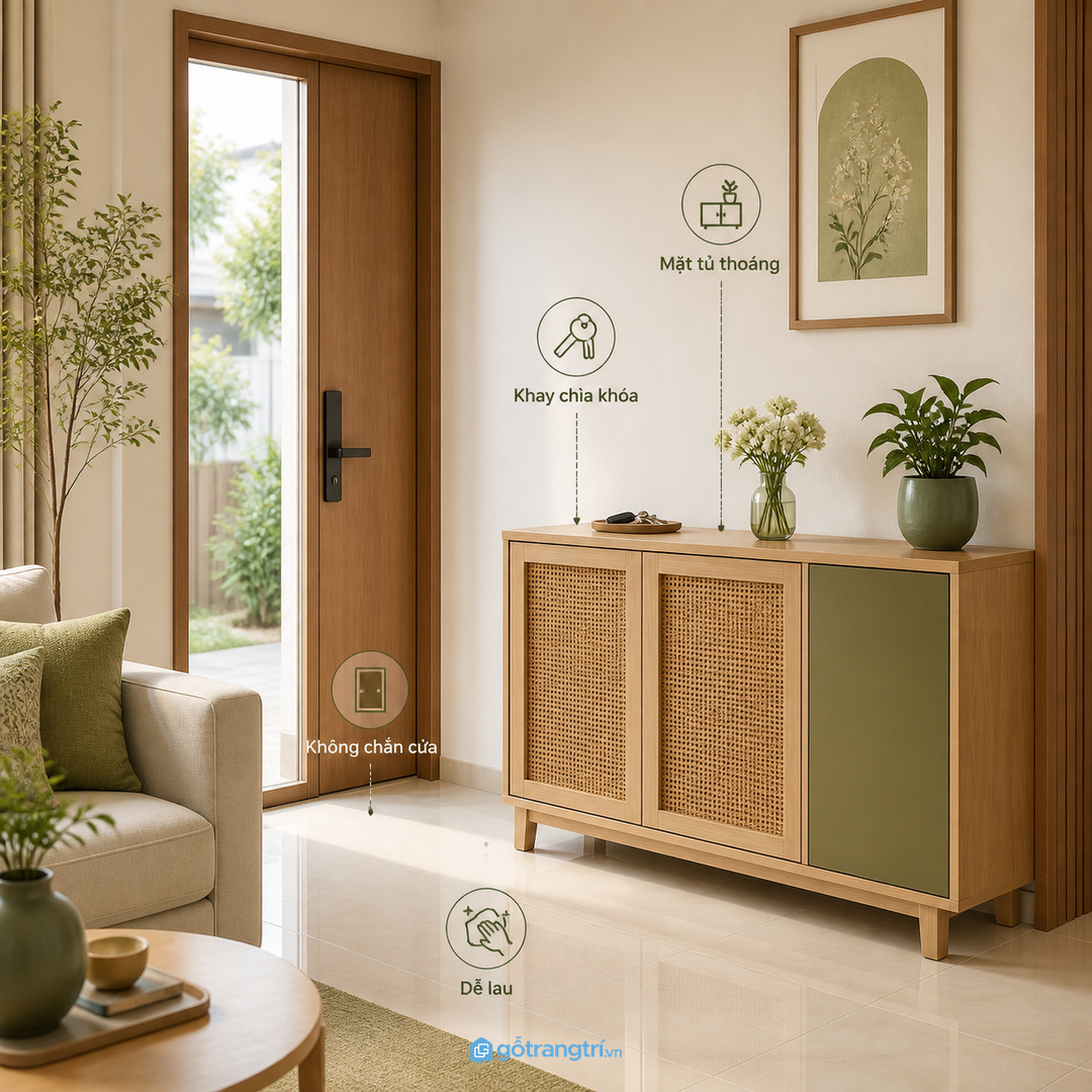 Nhà phố có lối vào sát phòng khách cần giữ mặt tủ thoáng