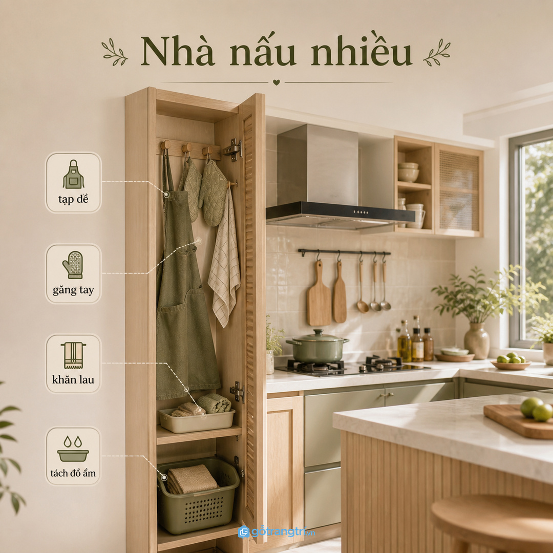 Nhà nấu nhiều cần tách tạp dề, găng tay, khăn lau và túi rác nhỏ