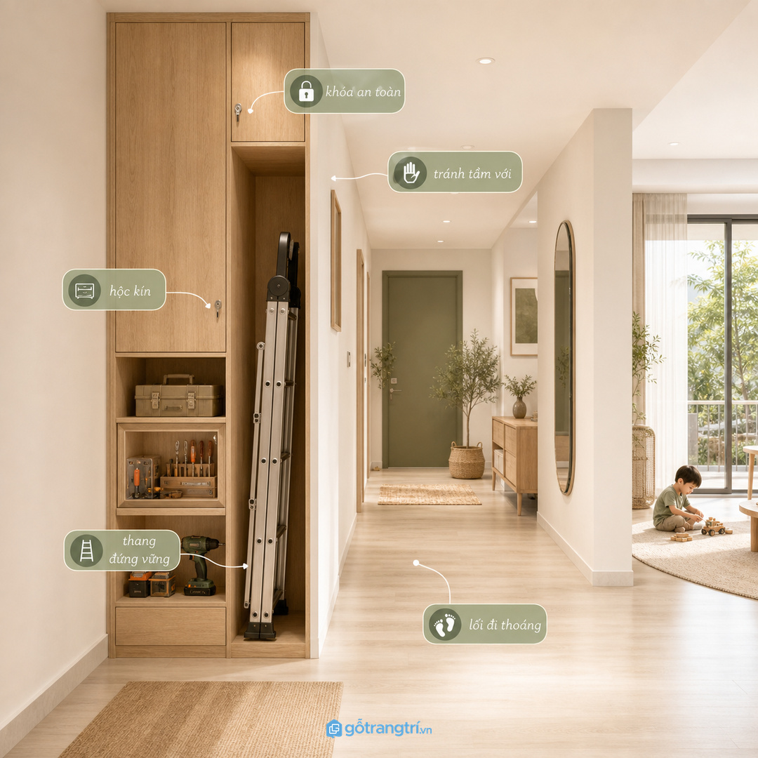 Nhà có trẻ nhỏ cần khoang dụng cụ kín, cao và khó với tới