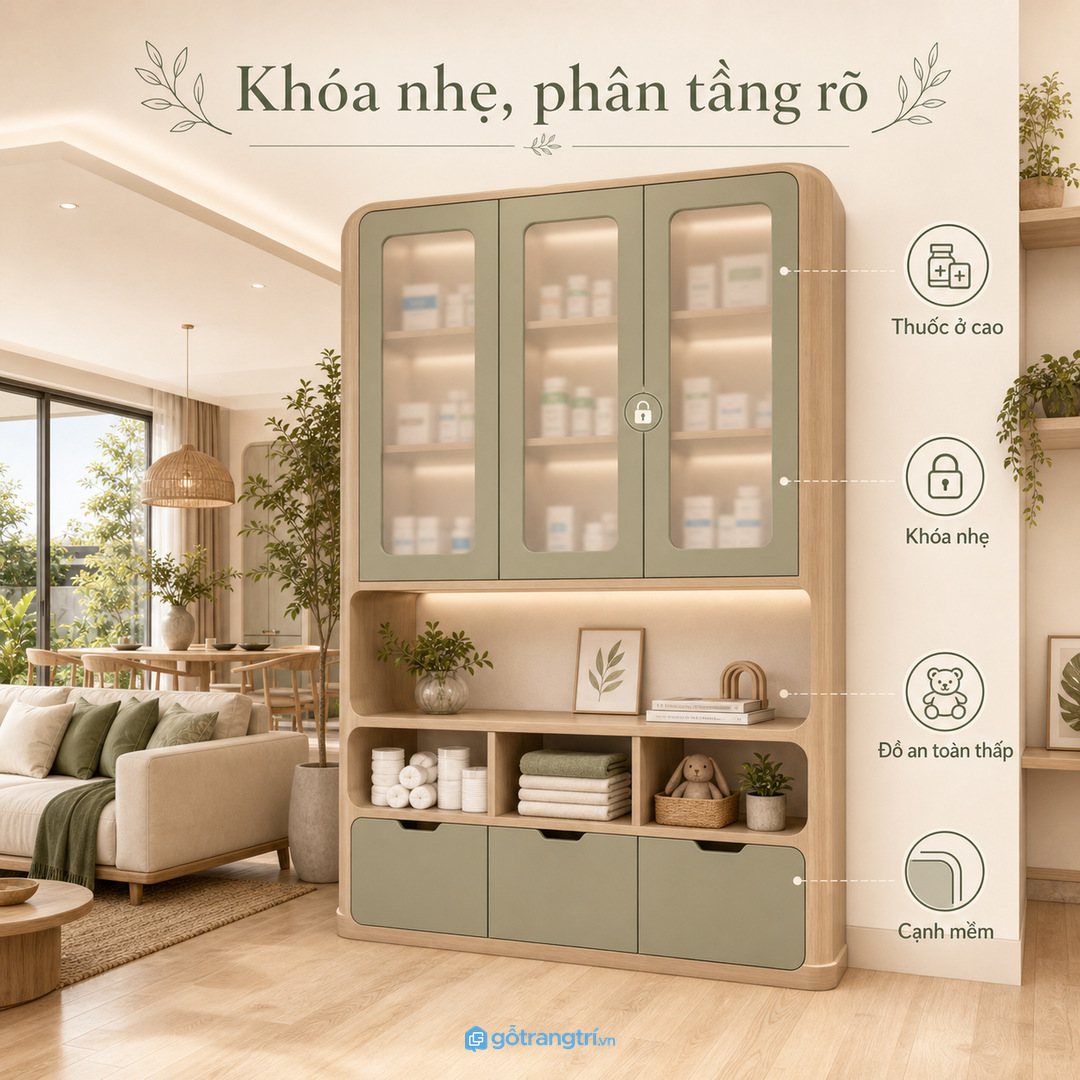 Gia đình có trẻ nhỏ cần khóa nhẹ phân tầng rõ và cạnh tủ xử lý mềm