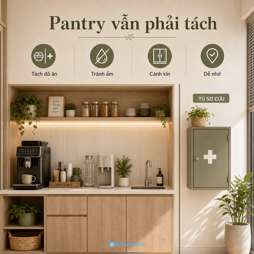 Pantry có thể đặt tủ thuốc nhưng phải tách khỏi đồ ăn và khu ẩm