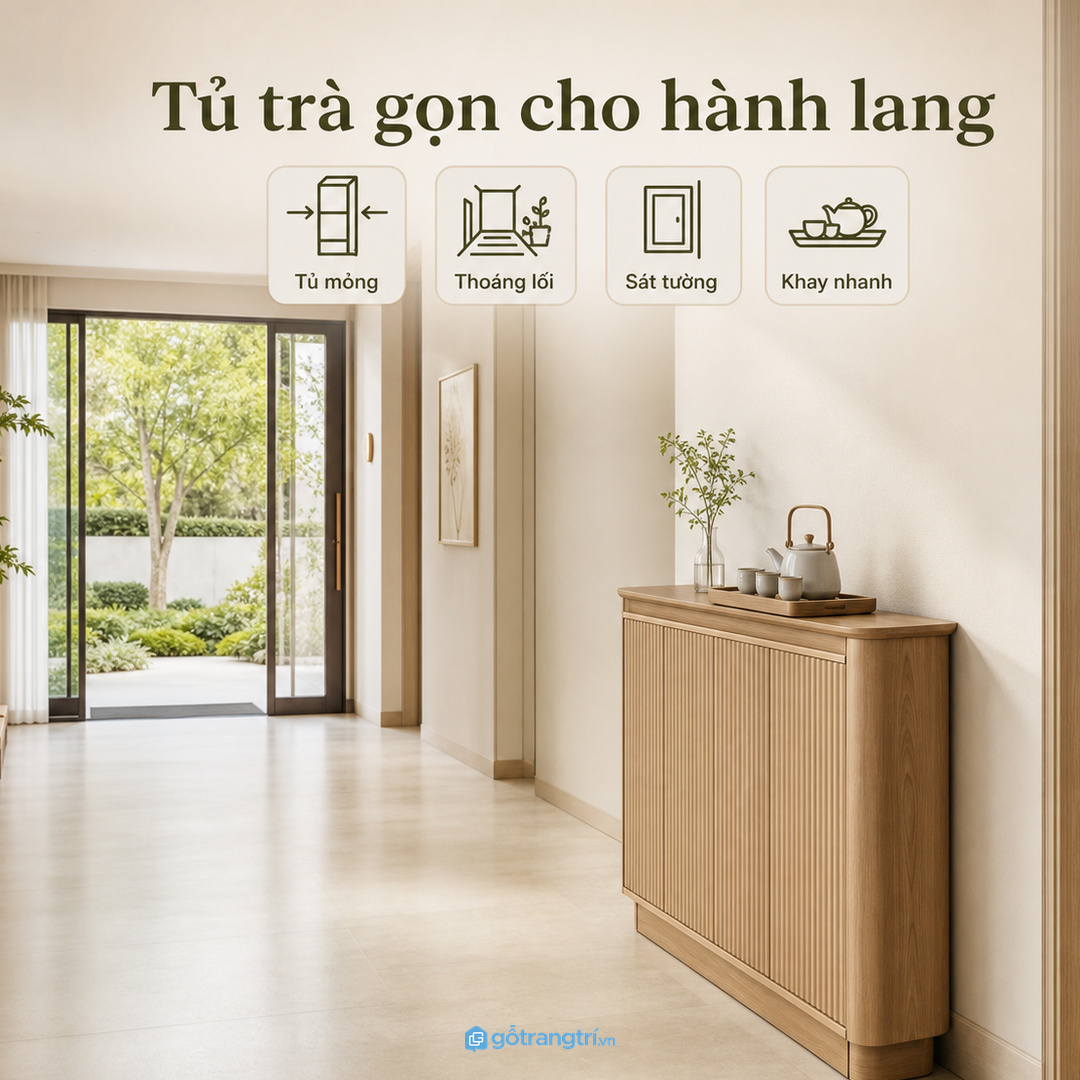 Sảnh phụ hoặc hành lang nên dùng tủ trà mỏng và gọn lối đi