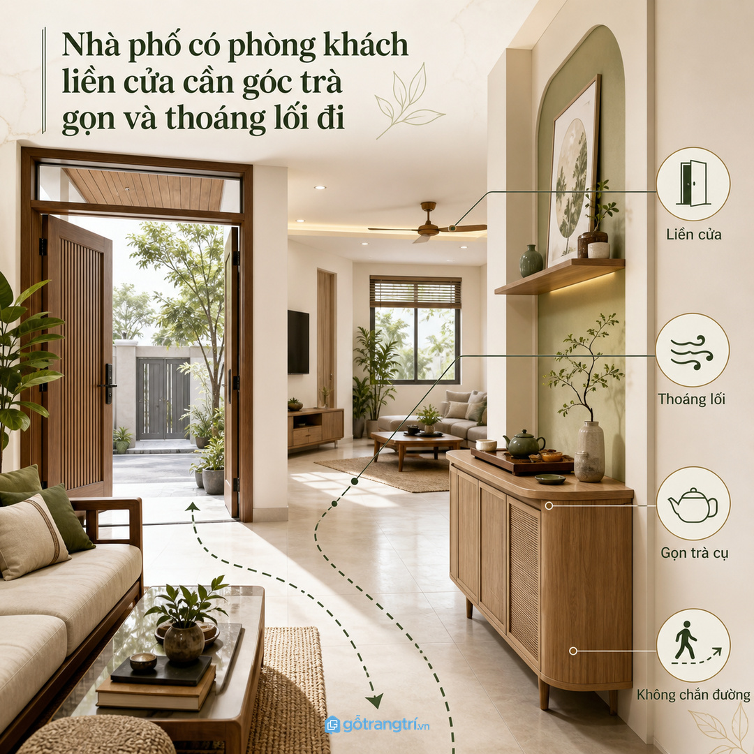 Nhà phố có phòng khách liền cửa cần góc trà gọn và thoáng lối đi